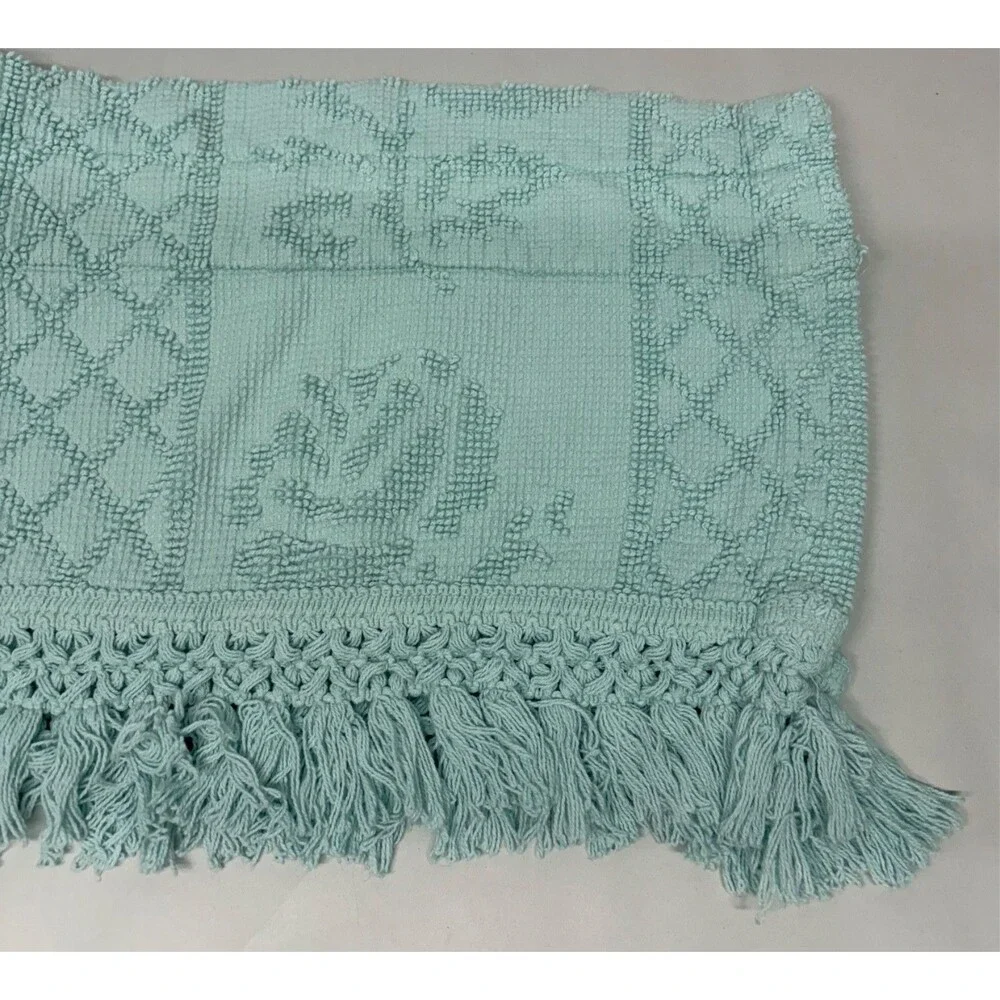 Vtg Hobnail Rose Chenille Curtains Drapes Light Aqua Blue Cottage Grannycore